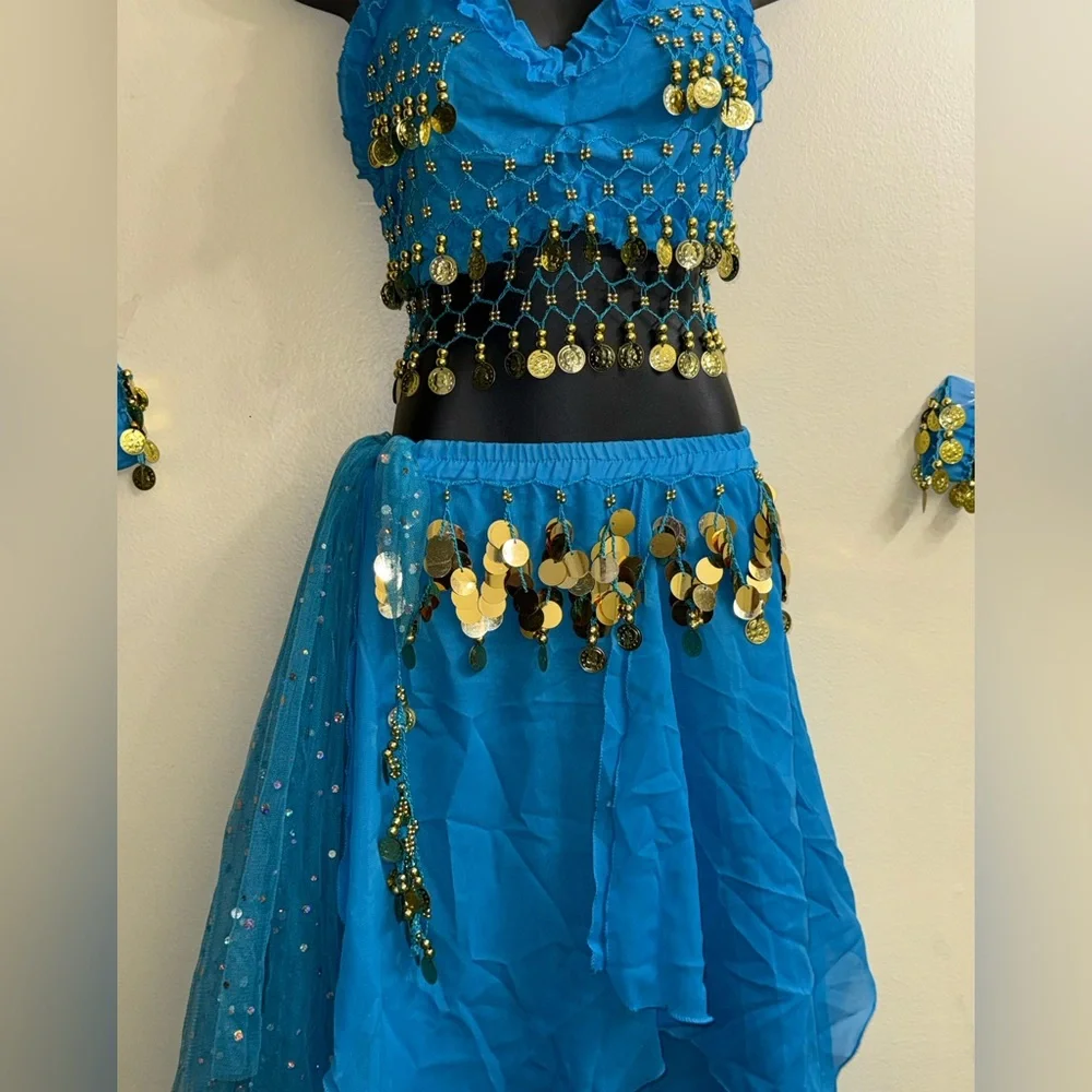 Girls Belly‎ Dance Costume Youth 10-12 Turquoise Coin Bra Skirt Set Cabaret
